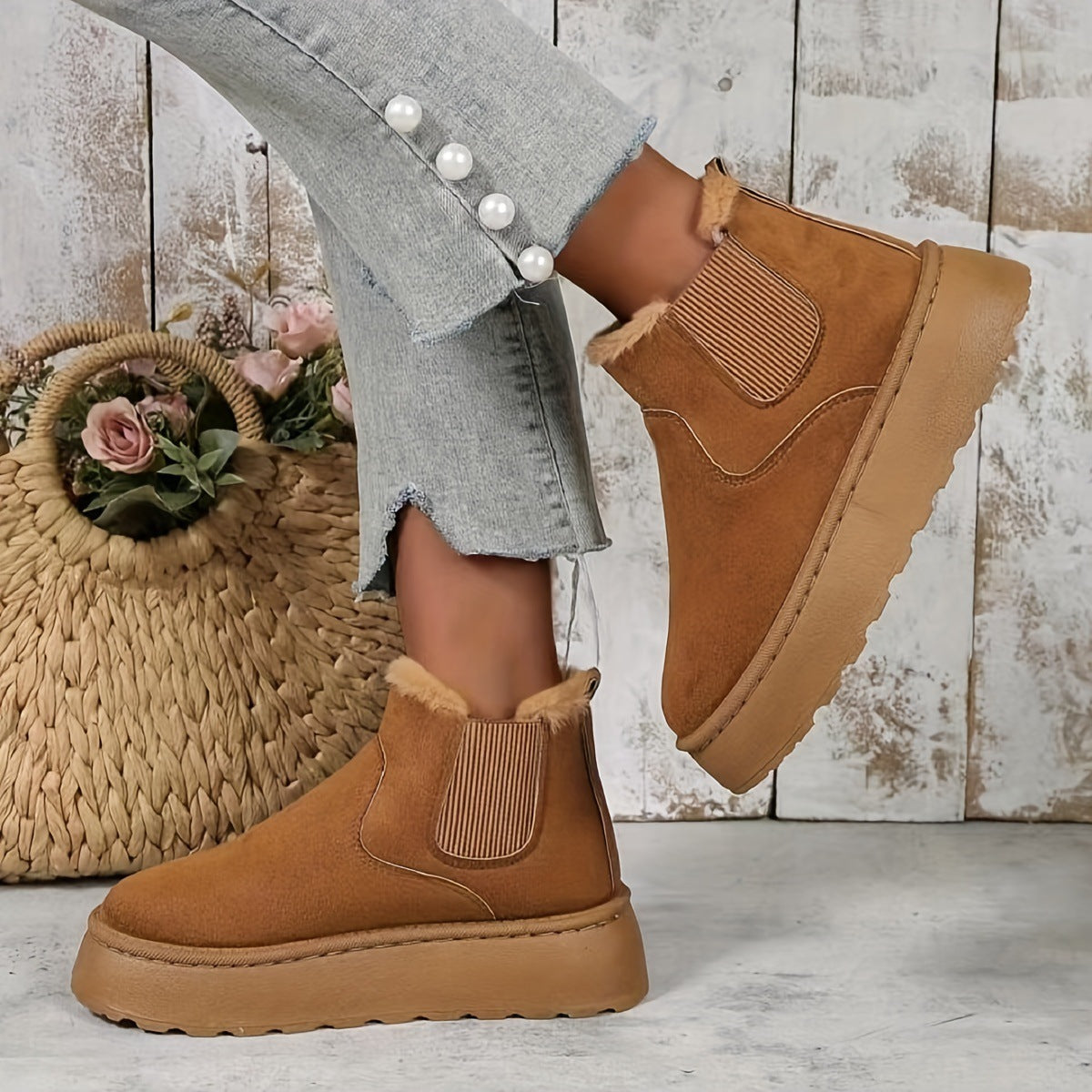 Close-up of brown suede winter ankle boots with faux fur lining worn with light blue jeans featuring pearl buttons