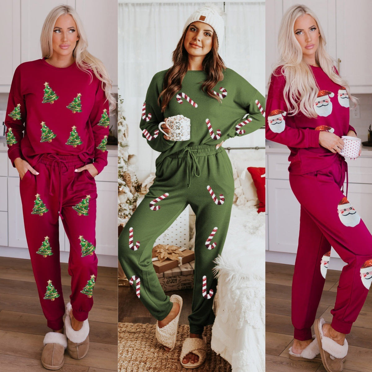 Three women wearing festive pajama sets in red, green, and pink with holiday-themed designs.