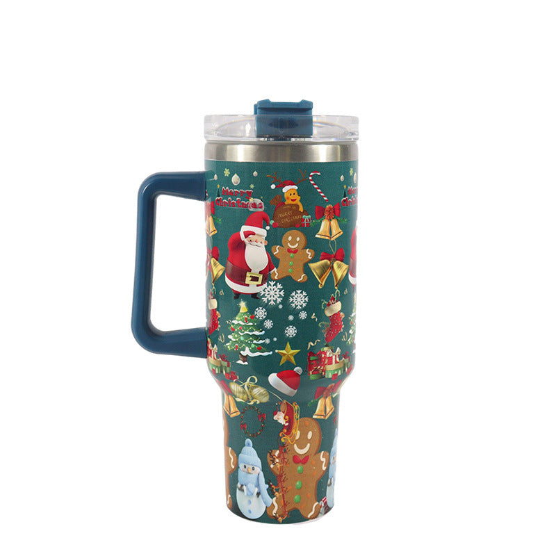 Travel mug with Christmas-themed design on a white background