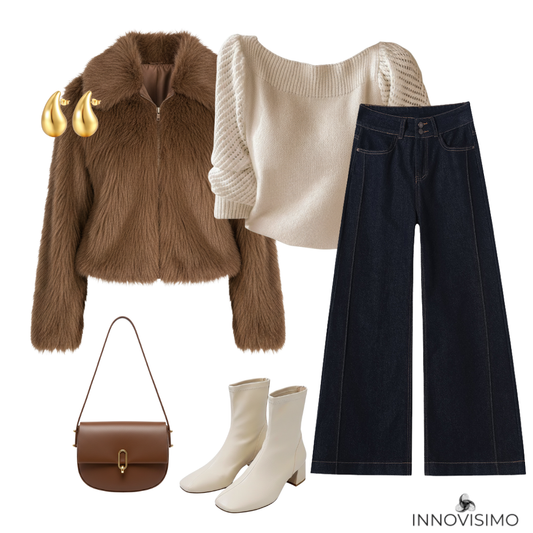 Fashionable outfit with brown fur jacket, beige sweater, dark jeans, white boots, and brown handbag on a white background.