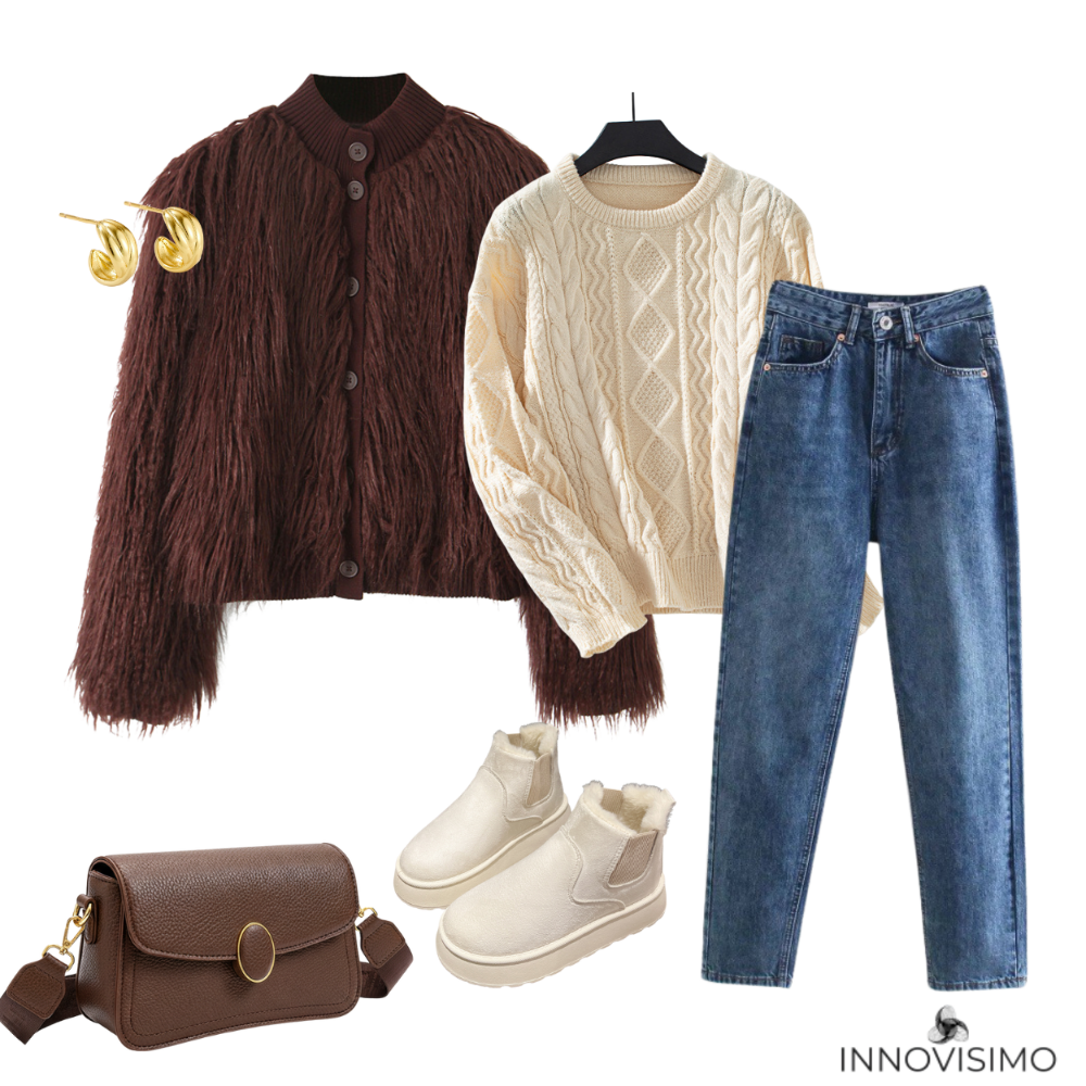Collection of brown fur coat, cream sweater, blue jeans, white boots, and brown handbag on a white background with 'INNOVISIMNO' branding.