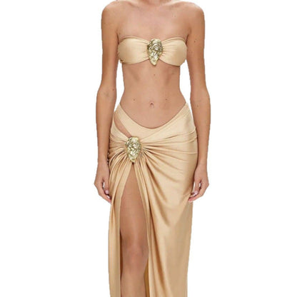 SatinSculpt™ - Glamorous Halter Bikini & Drape Skirt Set