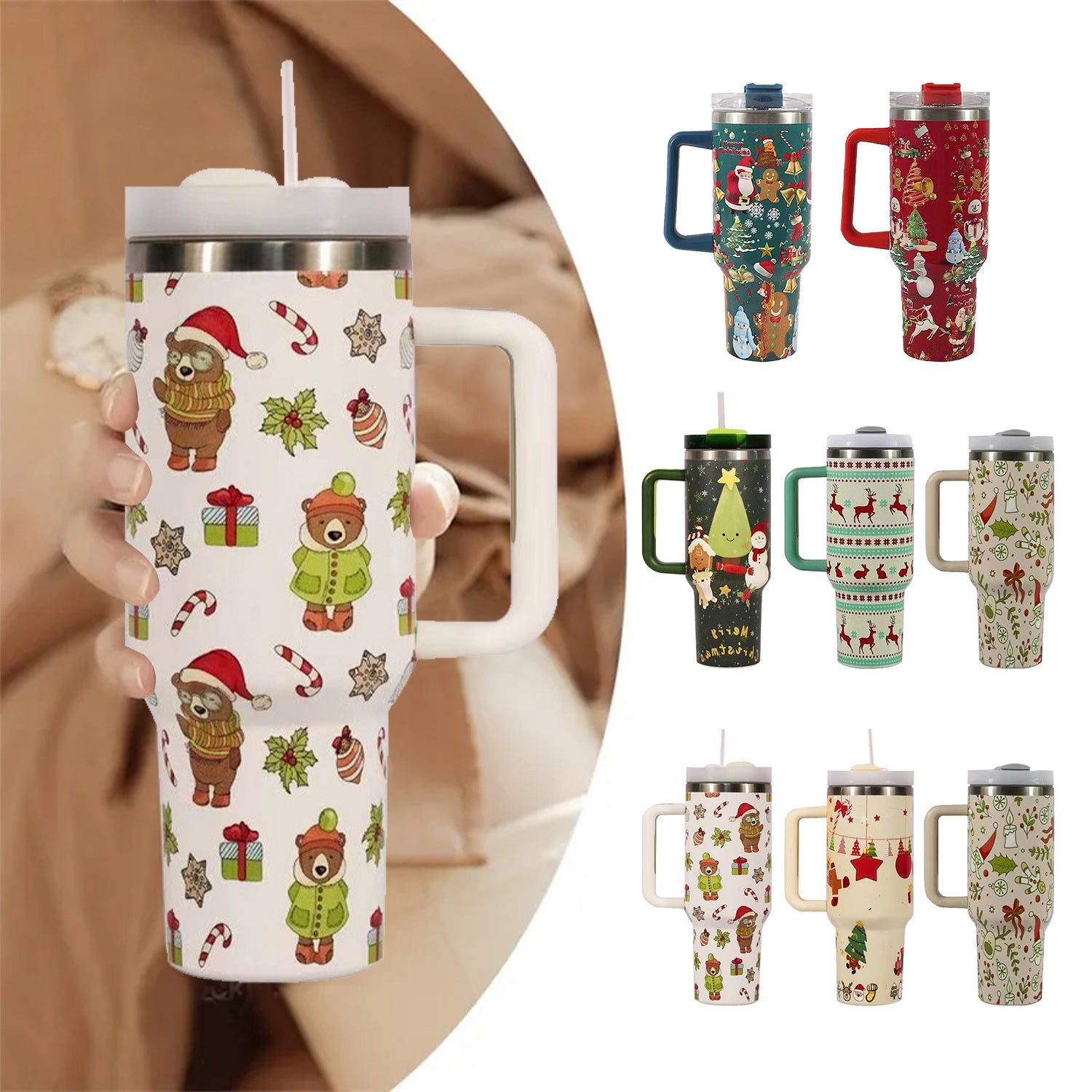 Collection of Christmas-themed tumblers with various designs including bears, trees, and presents.