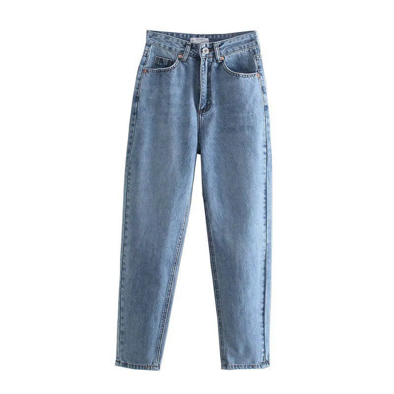 Straight leg blue denim jeans with classic five-pocket design and button closure