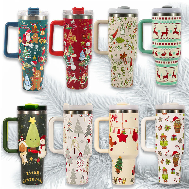 Collection of Christmas-themed tumblers with various patterns on a textured white background.