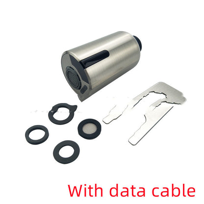 Stainless steel faucet aerator with black rubber washers and metal installation tools on white background