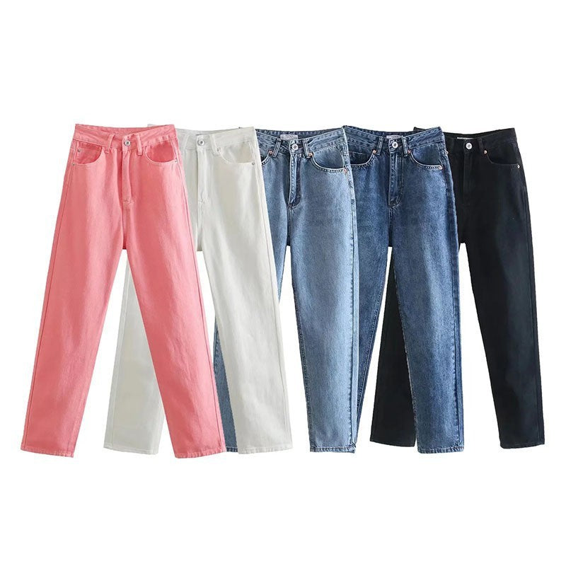 Five pairs of women's jeans in pink, white, light blue, medium blue, and black colors on white background