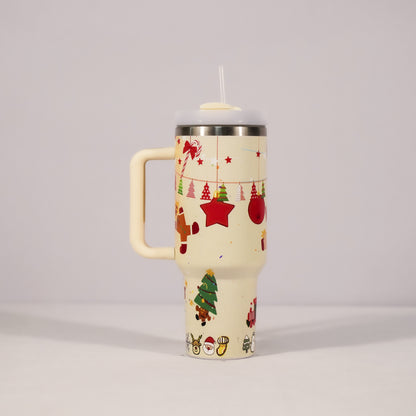 Travel mug with Christmas-themed design on a light gray background