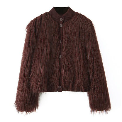 Brown textured faux fur button-up jacket with ribbed collar and long sleeves
