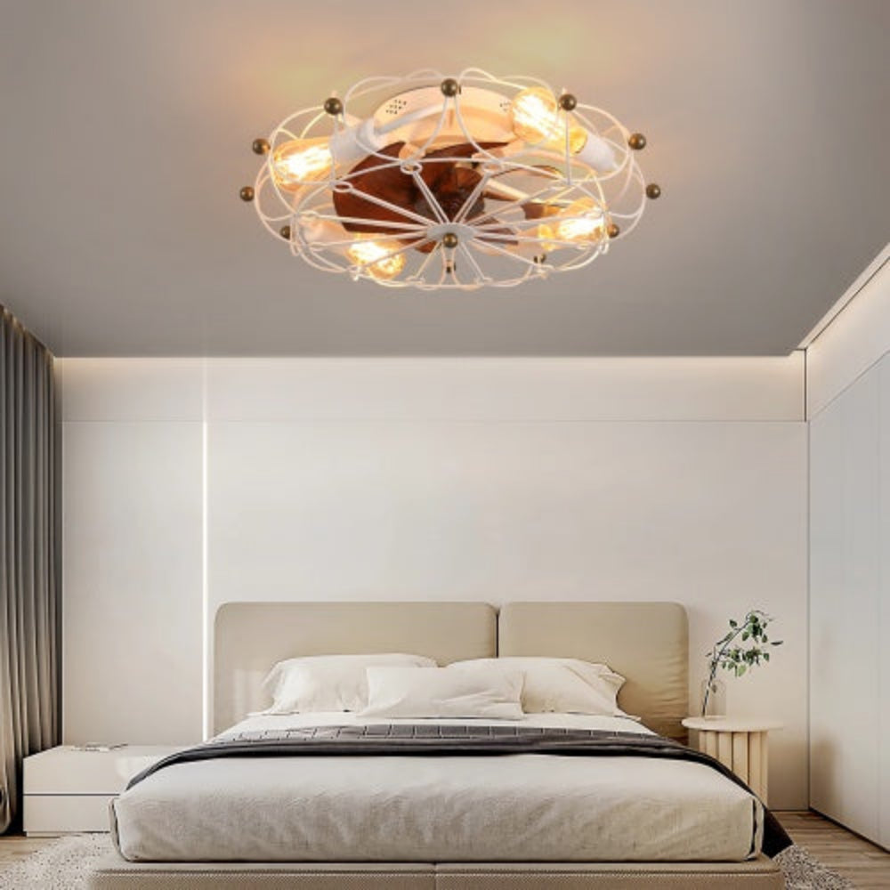Modern bedroom with beige bed, neutral decor, and stylish ceiling light fixture