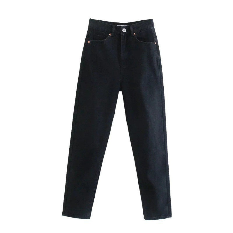 Black high-waisted straight-leg jeans with front pockets and button closure