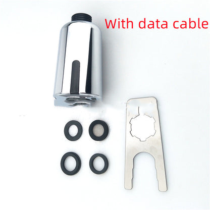 chrome faucet aerator adapter with four rubber washers and metal installation tool on white background